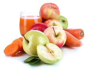 Sweet apples, juice and carrots isolated on white