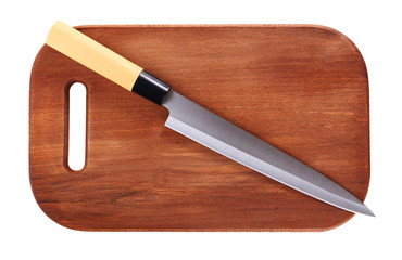 Kitchen knife  and wooden cutting board ,isolated on white