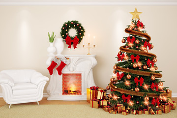 A decorate living room at Christmas Time with fireplace, firtree