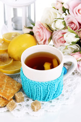 Cup of tea with lemon close up