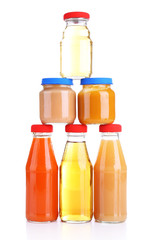 Baby food in glass jars, isolated on white