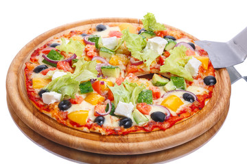 Greek pizza slice lifted up