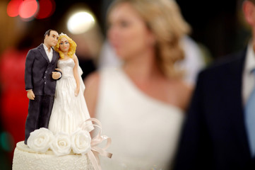 Closeup of wedding cake figurines at reception