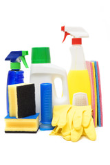 cleaning products isolated over white