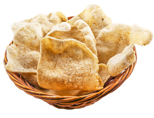 Deep fried fish cracker in a wicker basket