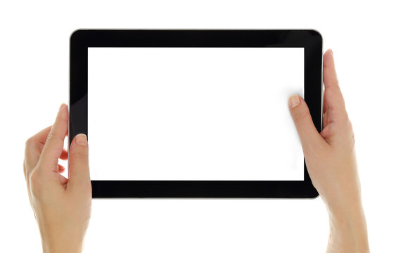 Female hands horizontally holding tablet with blank screen