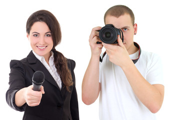 woman with microphone and man with camera isolated on white