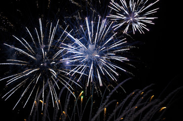 Blue fireworks exploding in night sky