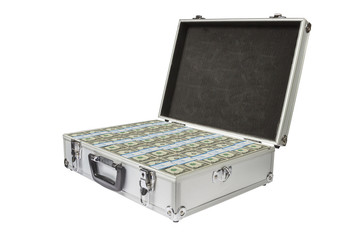 Silver Suitcase with Dollar Notes on white