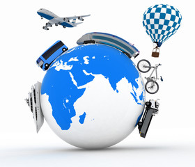 Types of transport on a globe. Concept of international tourism