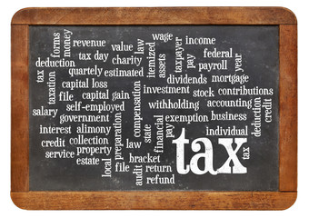 tax  word cloud on blackboard