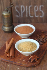 spices: cocoa powder, sugar cane, coffee beans