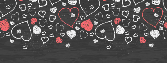 Vector chalkboard art hearts horizontal border seamless pattern