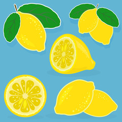 Set of lemon vector illustrations on blue background