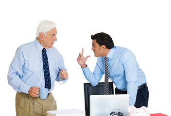 Conflict at work. Two business men fighting in office