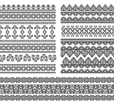 Indian Henna Border Decoration Elements Patterns In Black And White Colors. Popular Ethnic Border In One Mega Pack Set Collections. Vector Illustrations.Could Be Used As Divider, Frame, Etc