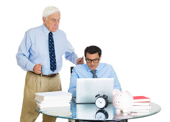 Conflict at work. Business men, generations. Subordination