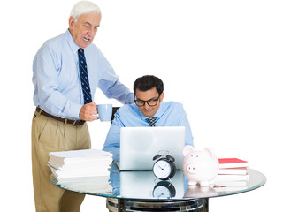 Conflict at work. Business men, generations. Subordination