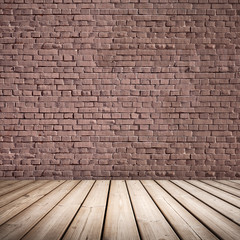 Abstract interior with wooden floor and brown brick wall