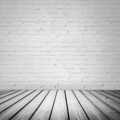 Abstract white interior with wooden floor and brick wall