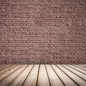 Abstract interior with wooden floor and brown brick wall