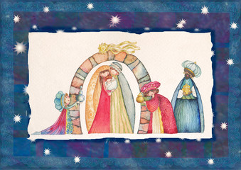 Nativity scene. Jesus, Mary, Joseph and the Three Kings