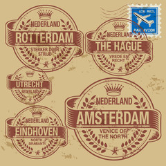 Grunge rubber stamp set with names of Netherlands cities