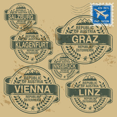 Grunge rubber stamp set with names of Austrian cities