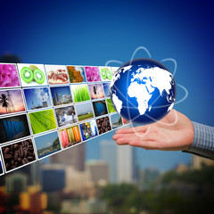 Business man holding global with  internet production technology