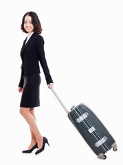 Cheerful businesswomen with travel bag