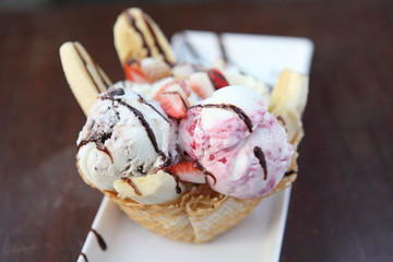 Waffles with ice cream and fruits