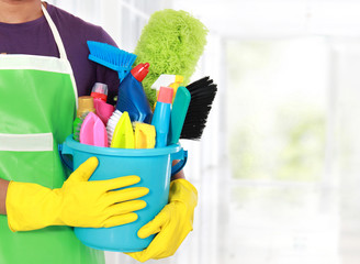 Portrait of young man with cleaning equipment