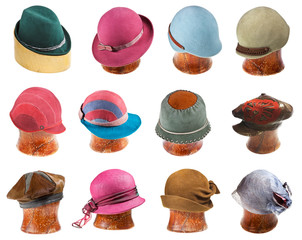 set of ladies felt hats on wooden hat block