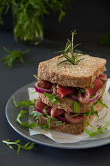 Grain bread sandwich with roast beef, onion and arugula.