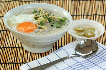 chinese porridge rice and Boiled egg
