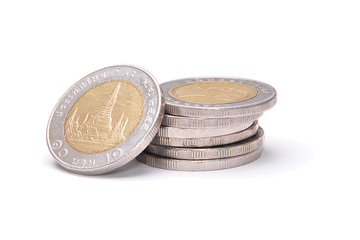Stack of 10 baht coins isolated on white