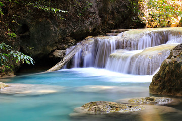 Fototapeta na wymiar Beautiful Waterfall at Erawan National Park in Kanchanaburi ,Tha