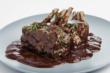 close-up of juice roasted lamb chops