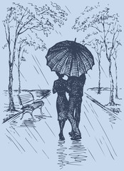 Vector romantic scene. Couple with umbrella walking in the park