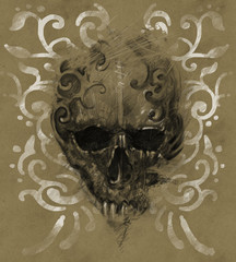 Fototapeta premium Tattoo skull over vintage paper, white tribals design