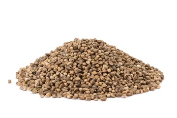 Photo of a pile of hemp seeds on white background