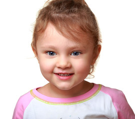 Beautiful smiling kid girl isolated on white. Closeup portrait