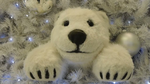 Decorated and lighted Christmas tree. Polar teddy bear