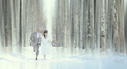 bride and groom in forest