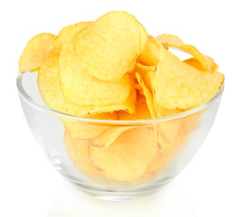 Potato chips in glass bowl, isolated on white