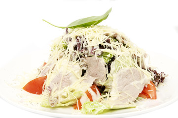 meat salad with cheese and herbs on a white plate