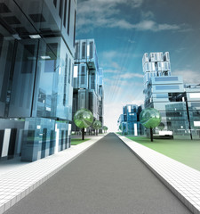 new modern visualization of city street of future with sky