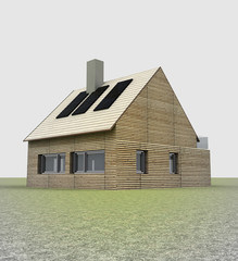 small wooden house with several solar panels on the roof