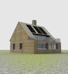 small wooden house with solar panels on the roof
