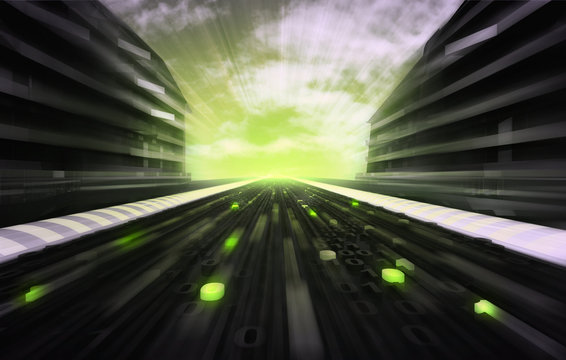 futuristic city street with binary data on the road wallpaper